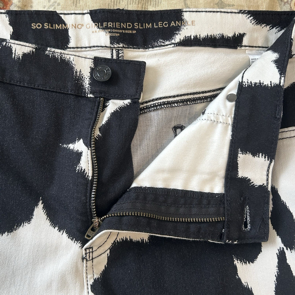 Chicos So Slimming Girlfriend Slim Leg Ankle Pants 16P Cow Print Black Cream - Picture 4 of 10
